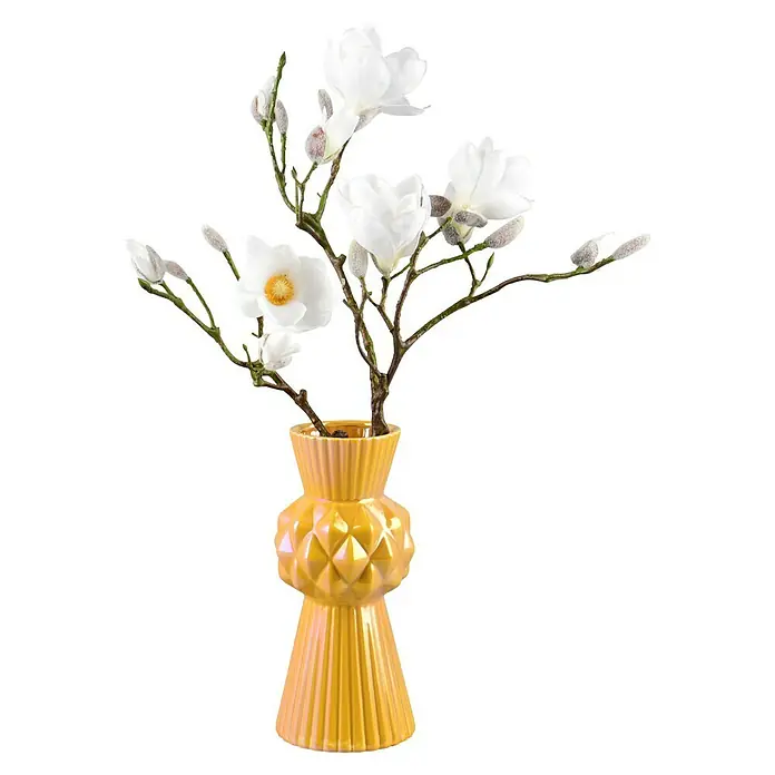 Vase Voro - Ø x H: 13 x 28,5 cm, Keramik, Gelb - Gelbe Vase mit weißen Blumen, die jedem Raum einen Hauch von Eleganz verleiht. Die Vase ist ein dekoratives Highlight und Blickfang.