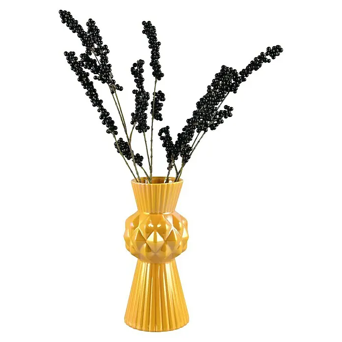 Vase Voro - Ø x H: 13 x 28,5 cm, Keramik, Gelb - Gelbe Vase mit dunklen Beeren, stilvoll präsentiert. Schöne Dekoration für jeden Raum.