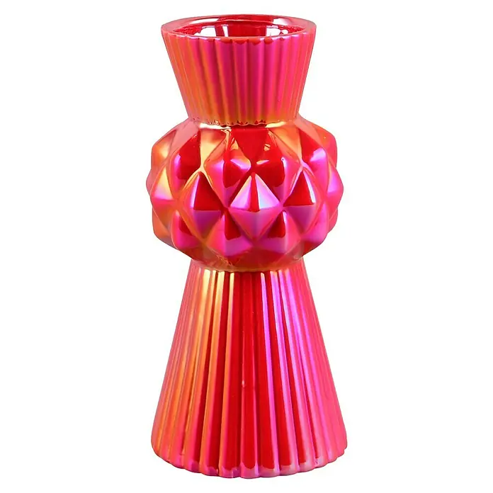 Vase Voro - Ø x H: 13 x 28,5 cm, Keramik, Rot - Schimmernder rosa Glas-Kerzenhalter mit dekorativen Facetten und Rillen für stimmungsvolle Beleuchtung.