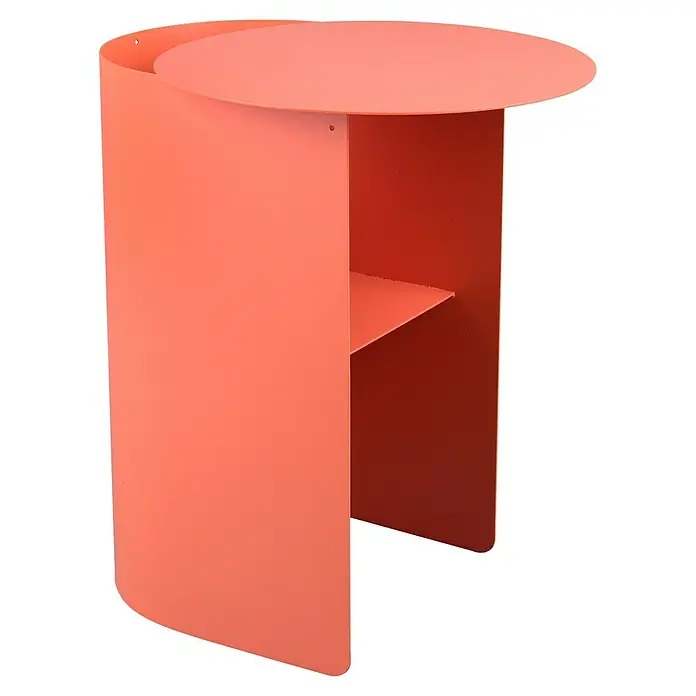 Beistelltisch Feno - L x B x H: 45 x 38 x 51 cm - Korallfarbener Beistelltisch mit runder Tischplatte und Regal, ideal für moderne Wohnräume. Praktisch und stilvoll.