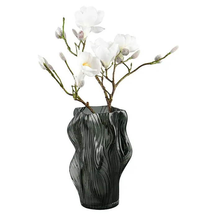Vase Vapor - Glas, Rauchfarbig - Eine stilvolle graue Vase mit weißen Blütenzweigen. Die Vase besticht durch ihr modernes Design und die elegante Farbgebung.