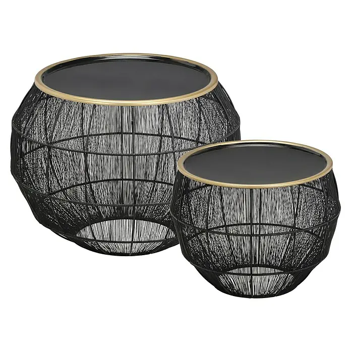Beistelltisch Mika - 2 -tlg., Schwarz, Metall - Zwei moderne Couchtische mit schwarzer Glasplatte und Drahtgestell mit goldener Akzentuierung für ein stilvolles Wohnambiente.