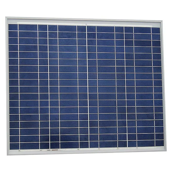 Sunset Solarmodul SM 45 - Nennleistung: 45 W, L x B x H: 63,6 x 53 x 2 cm - Ein Solarmodul in einem silbernen Rahmen, das blaue Solarzellen mit weißen Gitternlinien zeigt, für die umweltfreundliche Energiegewinnung.