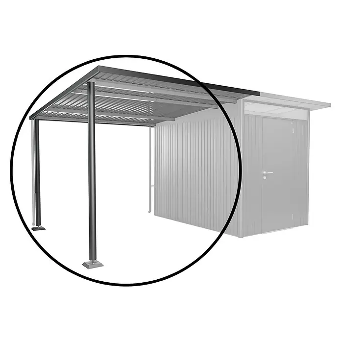 Biohort AvantGarde Seitendach Gr. L - Passend für: Biohort AvantGarde Gerätehaus A3, A7, L x B x H: 300 x 243 x 218 cm, Dunkelgrau-Metallic, Stahl - Das Bild zeigt ein Carport aus Metall, das an ein Gebäude angebaut ist. Es bietet Schutz vor Witterungseinflüssen und ist robust.
