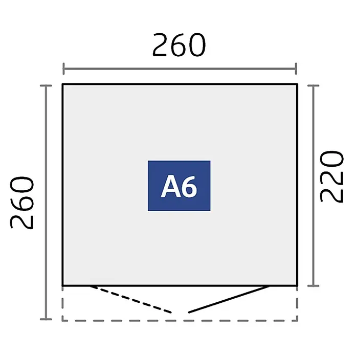 Biohort AvantGarde Gerätehaus - Außenmaß inkl. Dachüberstand (B x T): 260 x 260 cm, Doppeltür, Stahl - A6-Format in technischer Zeichnung dargestellt. Die Abmessungen sind 260 x 220 mm, dargestellt in einer klaren, technischen Illustration.