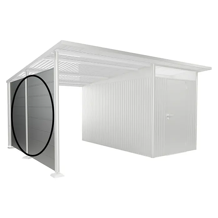 Biohort AvantGarde Seitenwand - Passend für: Biohort AvantGarde Seitendach, B x H: 318 x 182 cm, Silber-Metallic - Abbildung einer modernen Gerätehaus-Konstruktion mit einer grauen Seitenwand. Ideal zur Aufbewahrung von Gartengeräten und Werkzeugen.