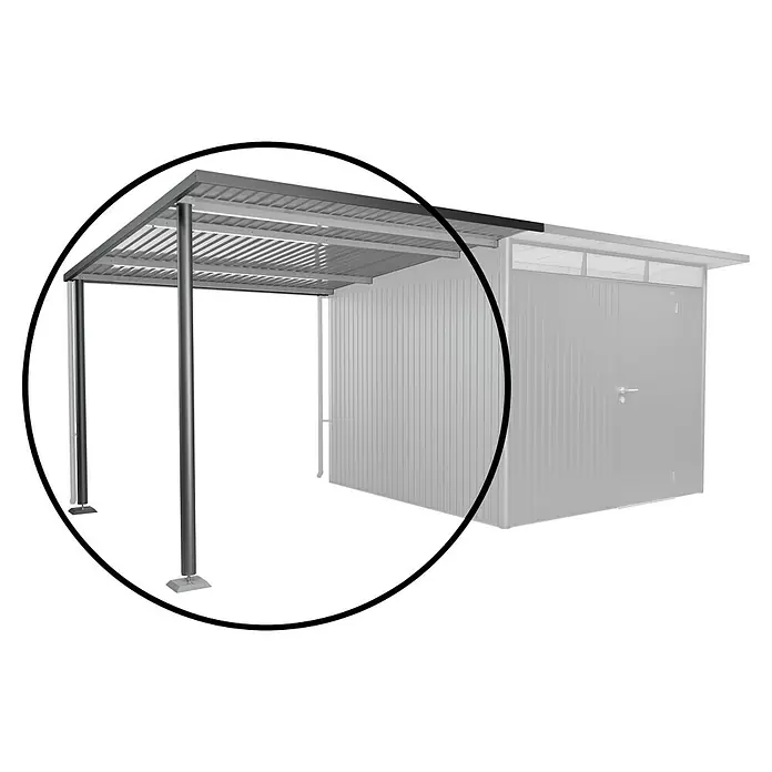Biohort AvantGarde Seitendach - Passend für: Biohort AvantGarde Gerätehaus A3, A7, L x B x H: 300 x 243 x 218 cm, Dunkelgrau-Metallic, Stahl - Ein Carport aus Metall mit einem angrenzenden Schuppen, der zusätzlichen Stauraum bietet. Eine praktische Lösung für Fahrzeuge.