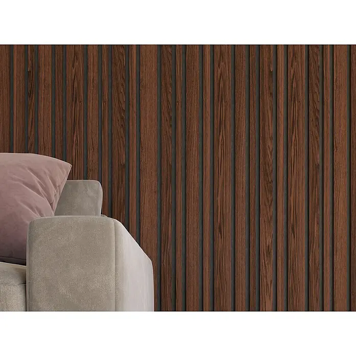CanDo Akustikpaneel Blend - Walnuss Uni, 2.600 x 300 x 17 mm, 2 Stk. - Nahaufnahme eines bequemen Sofas mit rosa Kissen vor einer Wand mit Holzpaneelen.