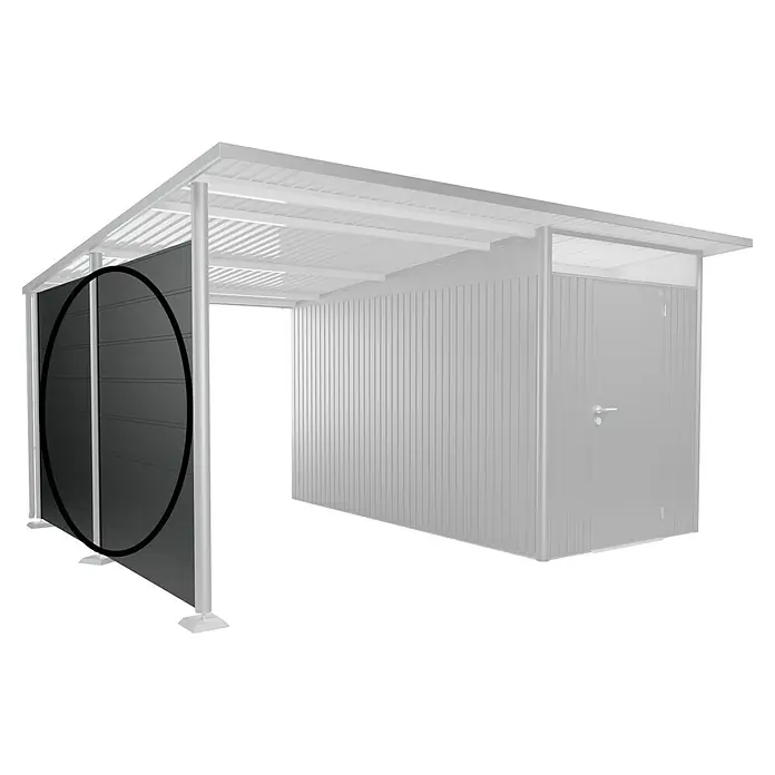 Biohort AvantGarde Seitenwand - Passend für: Biohort AvantGarde Seitendach, B x H: 318 x 182 cm, Dunkelgrau-Metallic - Abbildung einer Carport-Seitenwand in dunklem Anthrazit mit horizontaler Paneeloptik und stabilen Stützpfosten.