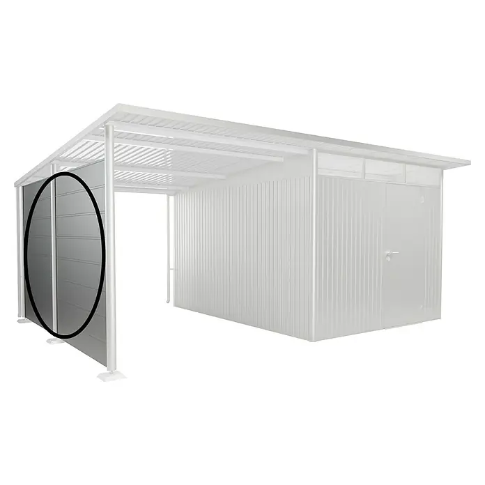 Biohort AvantGarde Seitenwand - Passend für: Biohort AvantGarde Seitendach, B x H: 318 x 182 cm, Silber-Metallic - Nahaufnahme einer modernen, grauen Metall-Garage mit horizontaler Paneelstruktur und schwarzem Rahmen, ideal für den Außenbereich.