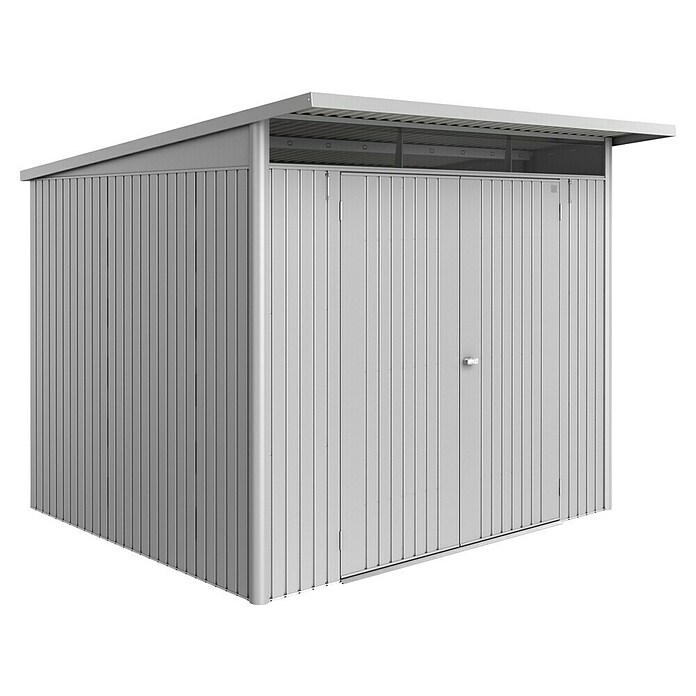 Biohort AvantGarde Gerätehaus Eco A6 (Außenmaß inkl. Dachüberstand (B x T): 260 x 260 cm, Silber Metallic, Doppeltür, Stahl) | BAUHAUS