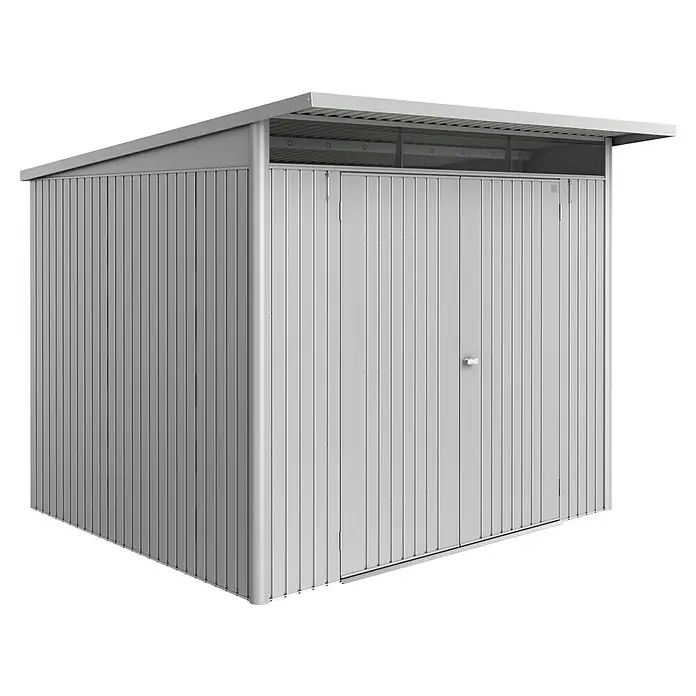 Biohort AvantGarde Gerätehaus Eco A6 - Außenmaß inkl. Dachüberstand (B x T): 260 x 260 cm, Silber Metallic, Doppeltür, Stahl - Ein geräumiger, grauer Metallgarten-Geräteschuppen mit Doppeltür bietet viel Stauraum für Gartengeräte und Werkzeuge.