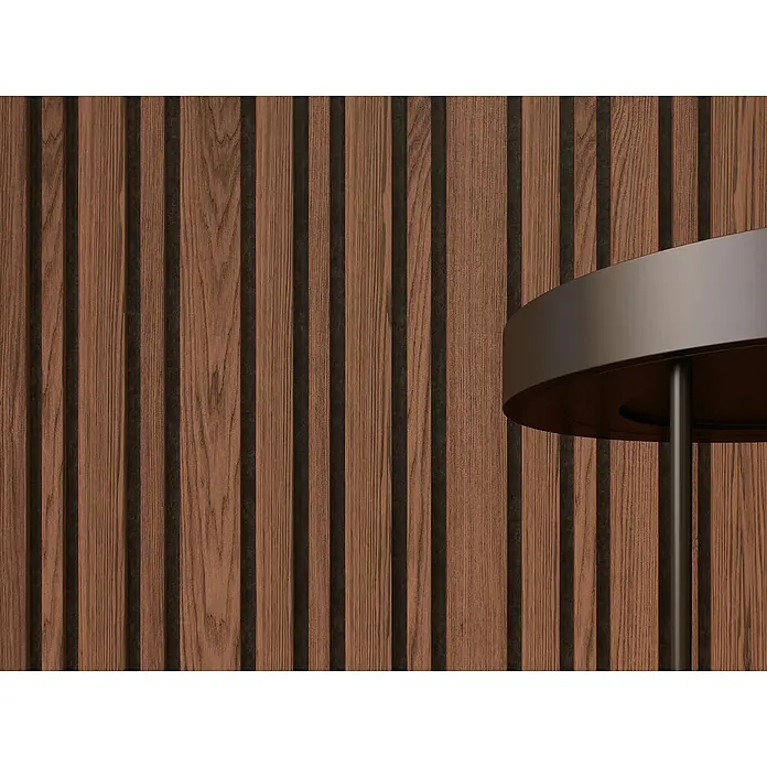 CanDo Akustikpaneel Blend - Walnuss Uni, 2.600 x 300 x 17 mm, 2 Stk. - Nahaufnahme einer stilvollen, runden Tischlampe vor einem Hintergrund aus Holzlamellen, die Wärme und modernes Design vereinen.