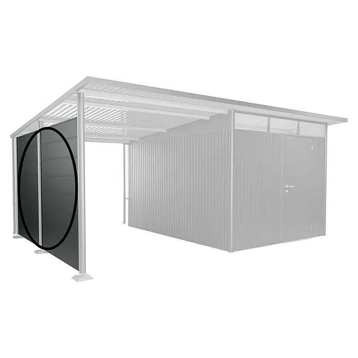 Biohort AvantGarde Seitenwand - Passend für: Biohort AvantGarde Seitendach, B x H: 318 x 182 cm, Dunkelgrau-Metallic - Ansicht eines modernen Metallcarports mit hervorgehobener Seitenwand, die robusten Schutz und modernes Design vereint.