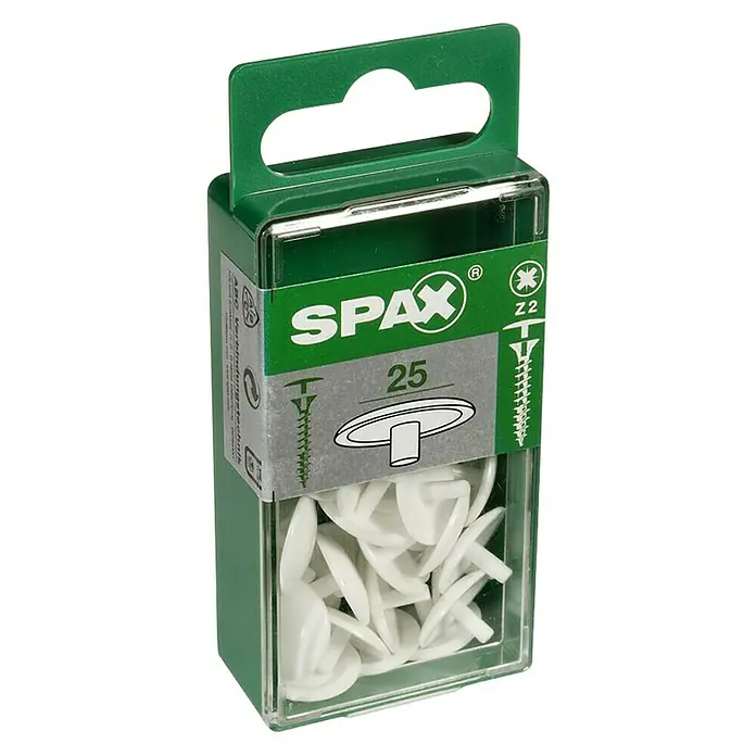 Spax Abdeckkappe für Universalschraube mit Kopfbohrung - PZ 2, Weiß, 25 Stk. - Eine Packung Spax Z2 Universaldübel mit 25 weißen Dübeln, verpackt in einer grünen und transparenten Box mit Aufhänger.