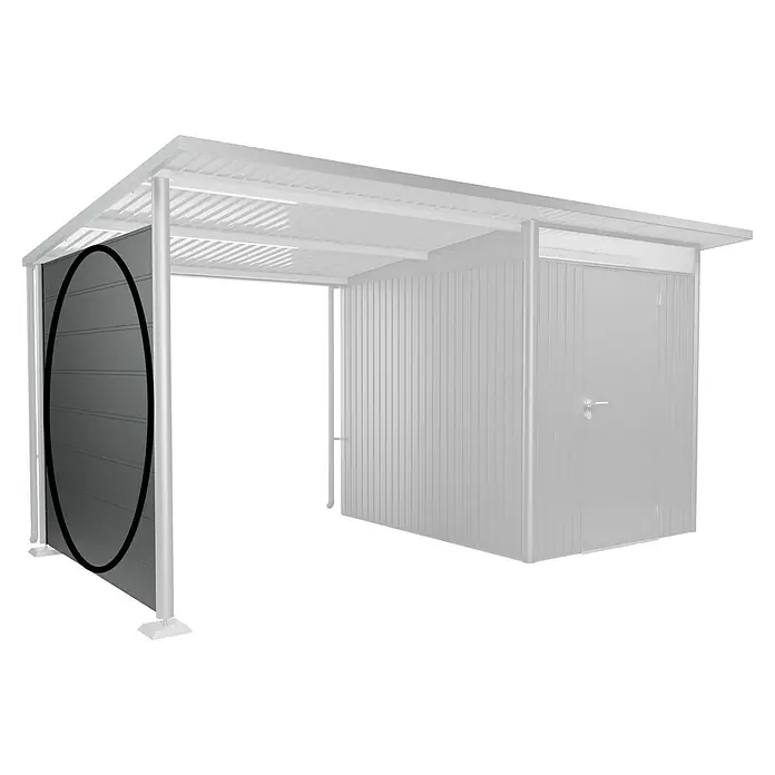 Biohort AvantGarde Seitenwand - Passend für: Biohort AvantGarde Seitendach, B x H: 197 x 182 cm, Quarzgrau-Metallic - Ansicht einer modernen, grauen Geräteüberdachung mit einer stabilen Wand, die Schutz vor den Elementen bietet und das Design ergänzt.