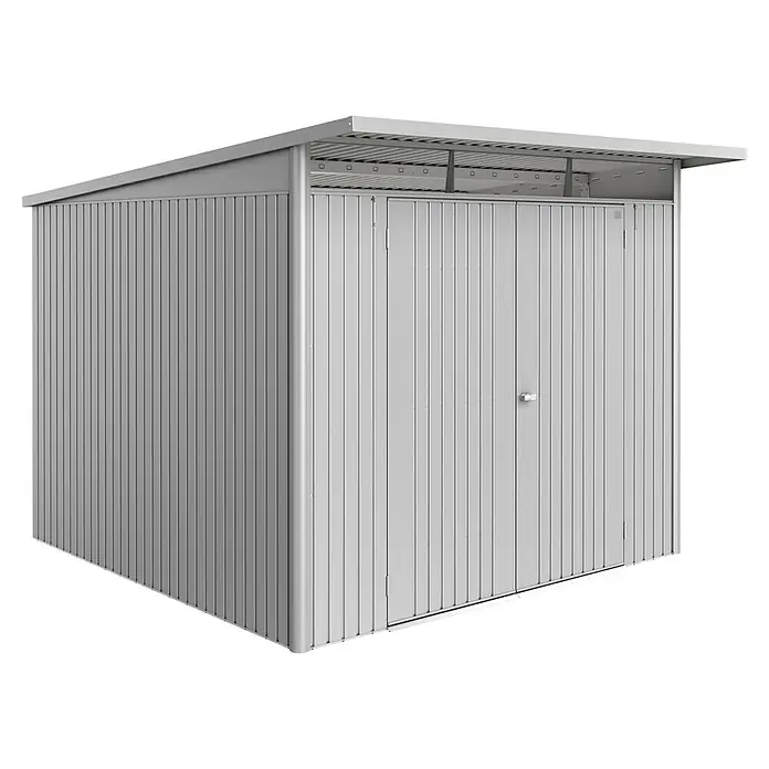 Biohort AvantGarde Gerätehaus Eco A7 - Außenmaß inkl. Dachüberstand (B x T): 260 x 300 cm, Silber Metallic, Doppeltür, Stahl - Bild eines grauen Gerätehauses mit Doppeltür und schrägem Dach. Ideal zum Aufbewahren von Gartengeräten und Werkzeugen.