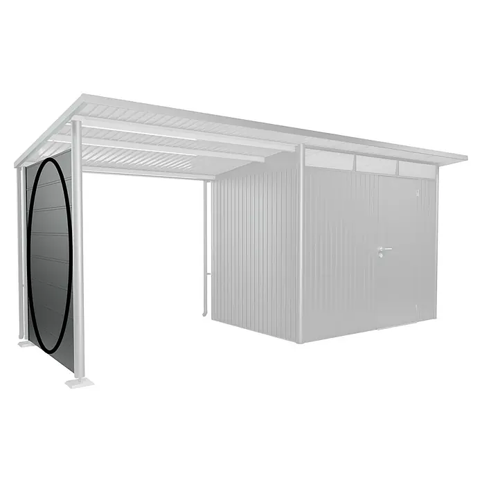 Biohort AvantGarde Seitenwand - Passend für: Biohort AvantGarde Seitendach, B x H: 197 x 182 cm, Quarzgrau-Metallic - Abbildung eines Gartenhauses mit Fokus auf der Seitenwand. Die graue Wand besteht aus horizontalen Paneelen und wird durch einen Rahmen gestützt.