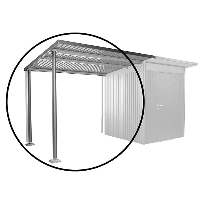 Biohort AvantGarde Seitendach - Passend für: Biohort AvantGarde Gerätehaus A1, A5, L x B x H: 220 x 243 x 218 cm, Quarzgrau-Metallic, Stahl - Bild eines Carports aus Metall, der vor Witterungseinflüssen schützt und gleichzeitig einen Unterstand für Fahrzeuge bietet. Praktischer Wetterschutz.
