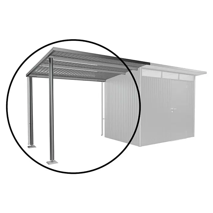 Biohort AvantGarde Seitendach - Passend für: Biohort AvantGarde Gerätehaus A1, A5, L x B x H: 220 x 243 x 218 cm, Quarzgrau-Metallic, Stahl - Ein Carport mit Metallstruktur, teilweise verdeckt durch eine schwarze Form, daneben ein Metallschuppen.