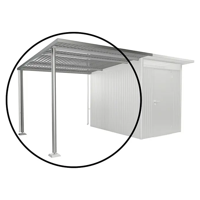 Biohort AvantGarde Seitendach - Passend für: Biohort AvantGarde Gerätehaus A3, A7, L x B x H: 300 x 243 x 218 cm, Silber-Metallic, Stahl - Produktbild eines modernen Gerätehauses mit Carport-Anbau, ideal für Gartengeräte und Fahrzeuge. Die Konstruktion wirkt stabil und wetterfest.