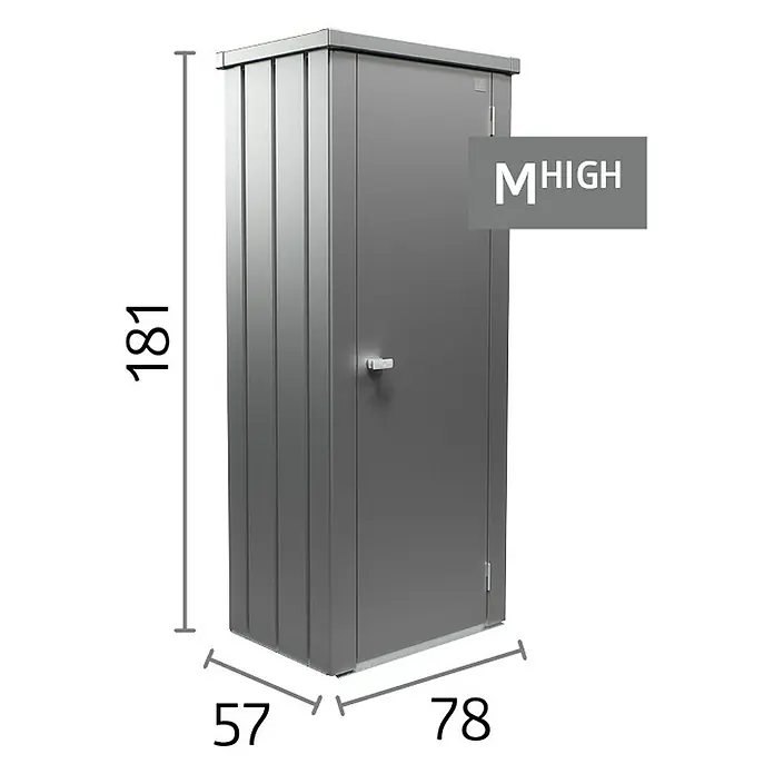 Biohort Julia Geräteschrank - Außenbreite inkl. Dachüberstand: 78 cm, Außentiefe inkl. Dachüberstand: 57 cm, Stahl - Abbildung eines grauen Metallschranks mit Maßangaben für Höhe (181 cm), Breite (78 cm) und Tiefe (57 cm).