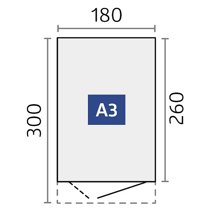 Biohort AvantGarde Gerätehaus Eco A3 - Außenmaß inkl. Dachüberstand (B x T): 180 x 300 cm, Silber Metallic, Einzeltür, Stahl - Eine Illustration eines A3-Papierformats mit den Maßen 300x180 mm und einem zusätzlichen Bereich von 260 mm.