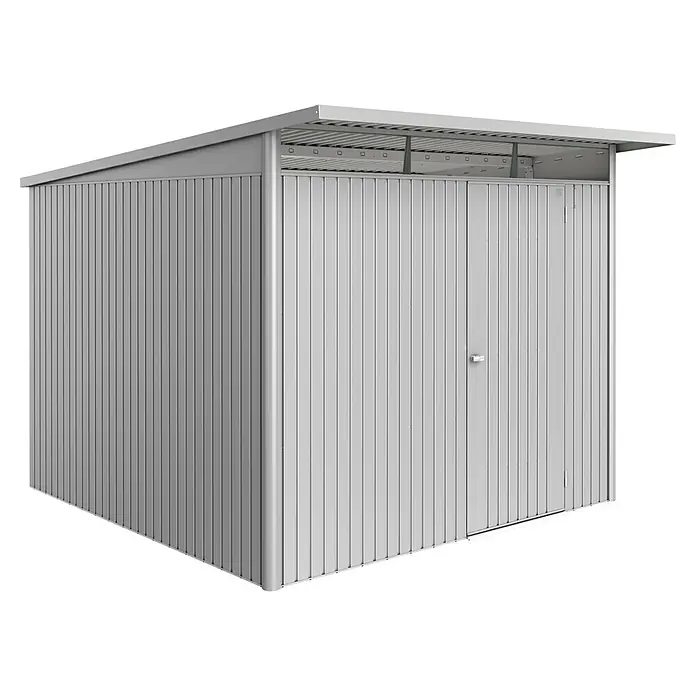 Biohort AvantGarde Gerätehaus Eco A7 - Außenmaß inkl. Dachüberstand (B x T): 260 x 300 cm, Silber Metallic, Einzeltür, Stahl - Modernes, silbergraues Gartenhaus mit Lamellenstruktur und praktischer Überdachung, ideal für die wettergeschützte Lagerung von Gartengeräten und -möbeln.
