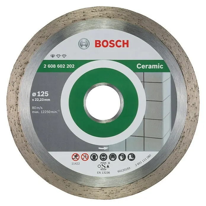 Bosch Diamant-Trennscheibe Standard Ceramic - Durchmesser Scheibe: 125 mm, Geeignet für: Feinsteinzeug - Abgebildet ist eine Bosch Ceramic Trennscheibe Ø125 mm, ideal zum Schneiden von Keramik mit hoher Präzision und langer Lebensdauer.