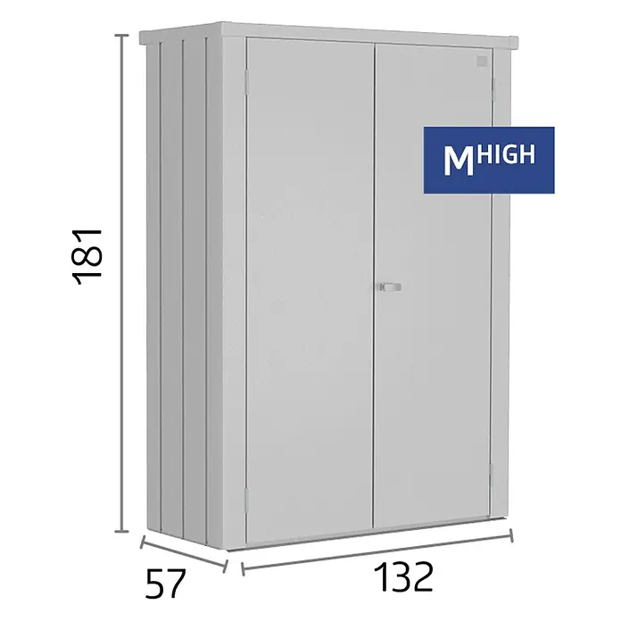 Biohort Romeo Geräteschrank - Außenmaß inkl. Dachüberstand (B x T): 132 x 57 cm, Stahl, Silber-Metallic - Abbildung eines Metallschranks mit den Maßen 181 x 132 x 57 cm, ideal für die Aufbewahrung im Innen- und Außenbereich.