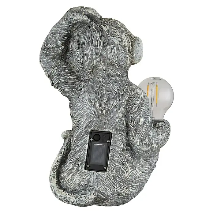 Globo Solar-Dekoleuchte Affe - Lichtfarbe: Warmweiß, LED, Höhe: 27,5 cm - Die Steinfigur eines Affen mit einer Glühbirne in der Hand und einem Solarpanel auf dem Rücken. Dekorative Beleuchtung für den Garten.