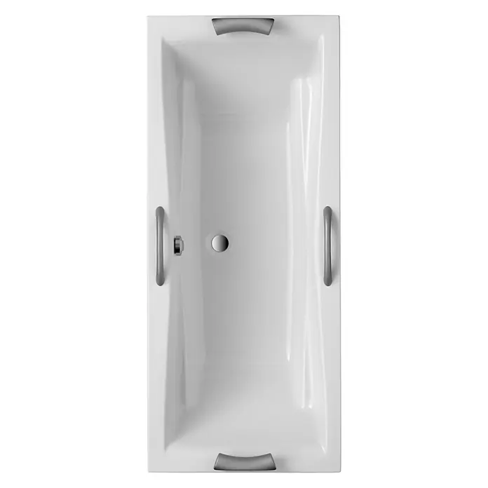 Ottofond Badewanne Santos Duo - 190 x 80 cm, Sanitäracryl, Weiß - Ansicht von oben auf eine rechteckige, weiße Badewanne mit silberfarbenen Armlehnen und Abfluss.