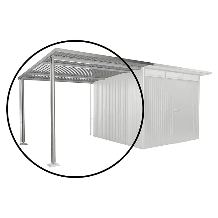 Biohort AvantGarde Seitendach - Passend für: Biohort AvantGarde Gerätehaus A3, A7, L x B x H: 300 x 243 x 218 cm, Silber-Metallic, Stahl - Abbildung eines modernen, freistehenden Metallcarports mit einem angrenzenden abschließbaren Schuppen in Silber, ideal für den Außenbereich.