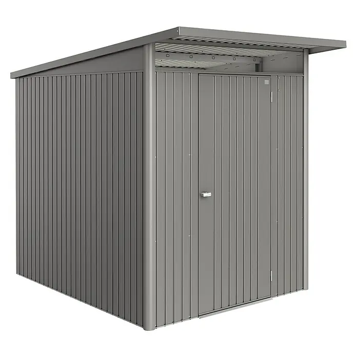 Biohort AvantGarde Gerätehaus Eco A2 - Außenmaß inkl. Dachüberstand (B x T): 180 x 260 cm, Quarzgrau Metallic, Einzeltür, Stahl - Ein graues Metallgartenhaus mit einer Tür und einem Vordach. Ideal zur Aufbewahrung von Gartengeräten und -möbeln.