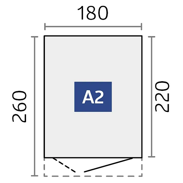 Biohort AvantGarde Gerätehaus Eco A2 - Außenmaß inkl. Dachüberstand (B x T): 180 x 260 cm, Silber Metallic, Doppeltür, Stahl - Darstellung eines A2-Formats mit Abmessungen von 180 x 220 mm, wobei die Gesamthöhe 260 mm beträgt, ideal für technische Zeichnungen.