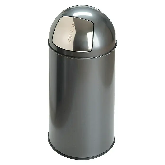 Vepa Bins Standard Mülleimer Pushcan - 40 l, Metall, Silber Metallic - Ein grauer, zylinderförmiger Mülleimer mit einem abnehmbaren, halbkugelförmigen Deckel und einer silberfarbenen "PUSH"-Klappe.