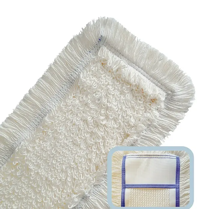 Schlingenbezug Basic - Breite Bezug: 40 cm, Lange Fasern, Geeignet für: Standard-Bodenwischer - Detailaufnahme eines weißen Moppaufsatzes mit Fransen, der für eine effektive Reinigung von Böden sorgt. Ideal für hygienische Sauberkeit im Haushalt.