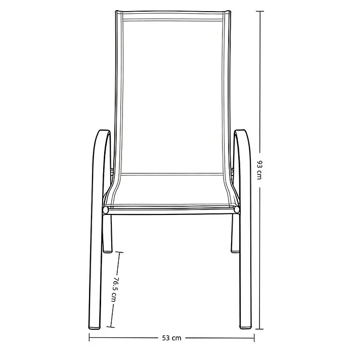 Silla de jardín Moliné - 76,5 x 53 x 93 cm, Antracita, Acero/Textiline, Apilable - Ilustración de un sillón mostrando las dimensiones de la silla: 93 cm de altura, 53 cm de ancho y 76,5 cm los reposabrazos.