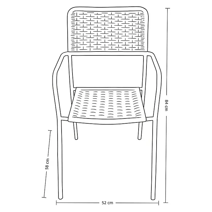 Silla de jardín Spire - 58 x 52 x 84 cm, Marrón, Ratán sintético/Acero - Dibujo de contorno de silla con dimensiones visibles, 84 cm de alto, 58 cm de altura del reposabrazos y 52 cm de ancho. La silla tiene asiento y respaldo tejidos.