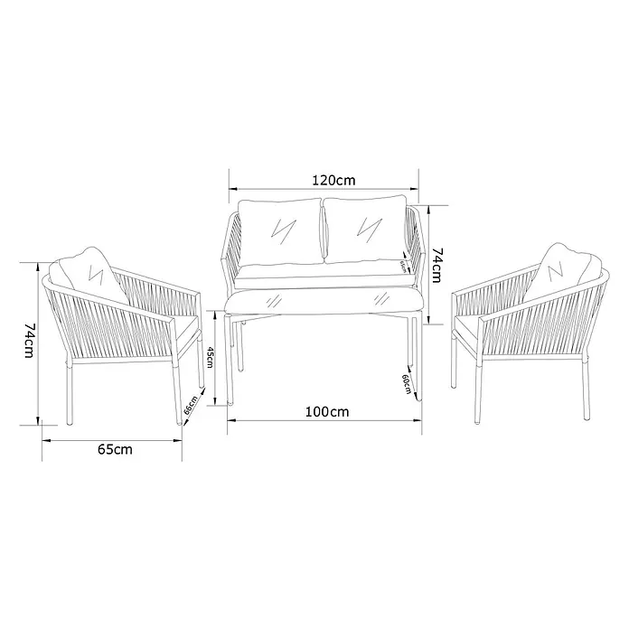 Conjunto de muebles Echo - 4 pzs., Acero/Cuerda, Beige/Negro - Boceto de producto de un conjunto de muebles de exterior que incluye sofá y sillas, incluidas las dimensiones en centímetros para el diseño.