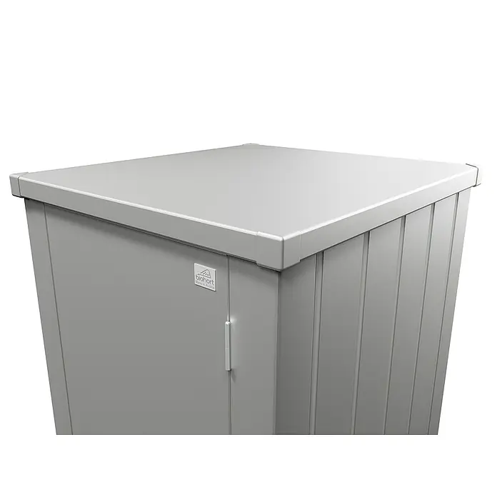 Biohort Julia Geräteschrank - Außenbreite inkl. Dachüberstand: 78 cm, Außentiefe inkl. Dachüberstand: 87 cm, Stahl, Silber Metallic - Abbildung eines Biohort GeräteSchrank in elegantem Grau, ideal für die Aufbewahrung im Außenbereich. Praktisch und stilvoll.