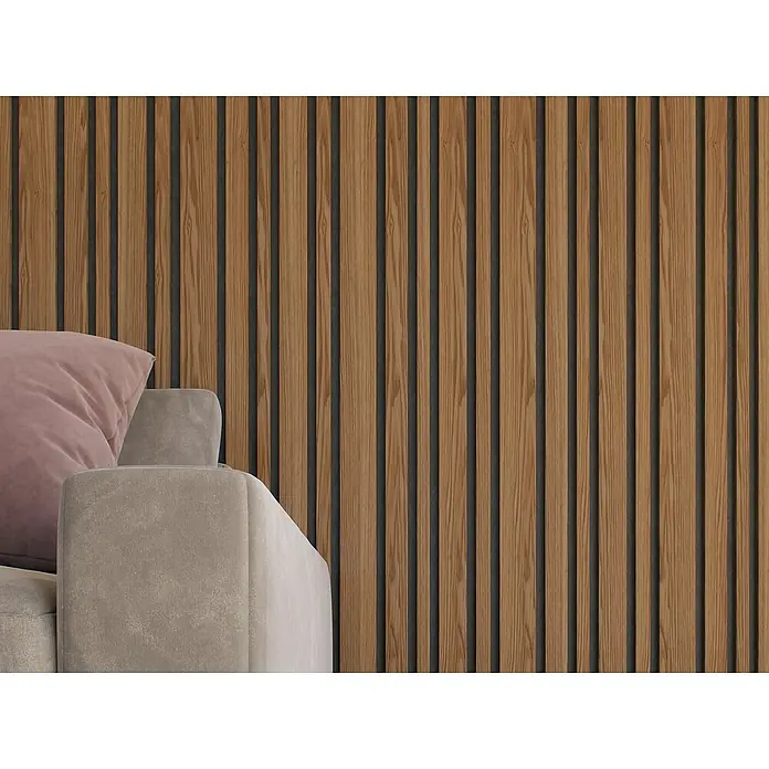 CanDo Akustikpaneel Blend - Eiche Bronze, 2.600 x 300 x 17 mm, 2 Stk. - Nahaufnahme eines beigen Sofas mit einem rosa Kissen vor einer Holzwand. Das Sofa ist modern und einladend.