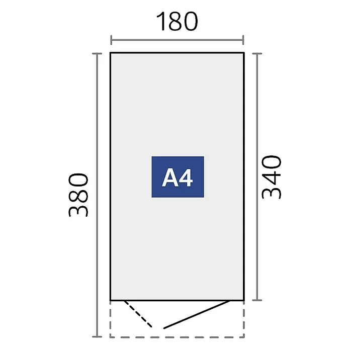 Biohort AvantGarde Gerätehaus Eco A4 - Außenmaß inkl. Dachüberstand (B x T): 180 x 380 cm, Silber Metallic, Einzeltür, Stahl - Abbildung eines grauen Kastens mit den Maßen 180 x 380 und dem Hinweis A4.