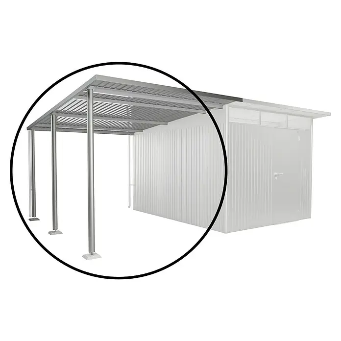 Biohort AvantGarde Seitendach - Passend für: Biohort AvantGarde Gerätehaus A4, A8, L x B x H: 340 x 243 x 222 cm, Silber-Metallic, Stahl - Abbildung eines Geräteschuppens mit angebautem Unterstand mit Säulen, ideal für die Lagerung von Gartengeräten oder als Unterstellplatz.