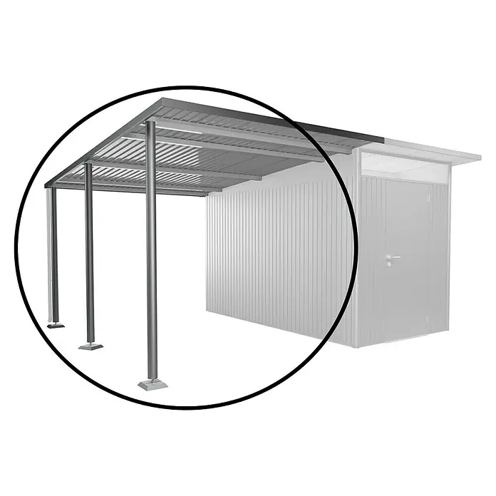 Biohort AvantGarde Seitendach - Passend für: Biohort AvantGarde Gerätehaus A4, A8, L x B x H: 340 x 243 x 222 cm, Quarzgrau-Metallic, Stahl - Abbildung eines Carports aus Metall mit Abstellraum, ideal für zusätzlichen Stauraum und Schutz vor Wettereinflüssen.