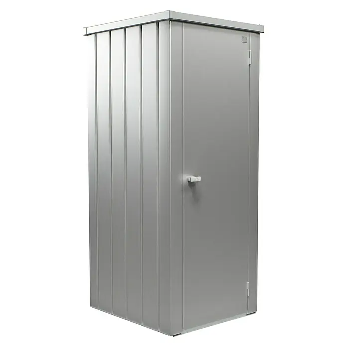 Biohort Julia Geräteschrank - Außenbreite inkl. Dachüberstand: 78 cm, Außentiefe inkl. Dachüberstand: 87 cm, Stahl, Silber Metallic - Eine geräumige, graue Metall-Gartengerätebox zur Aufbewahrung von Werkzeugen und Gartenzubehör mit einer abschließbaren Tür und stabilem Design.