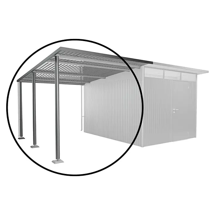 Biohort AvantGarde Seitendach - Passend für: Biohort AvantGarde Gerätehaus A4, A8, L x B x H: 340 x 243 x 222 cm, Quarzgrau-Metallic, Stahl - Abbildung eines Unterstandes aus Metall mit angrenzendem Gebäude, ideal als Lagerfläche oder Carport.