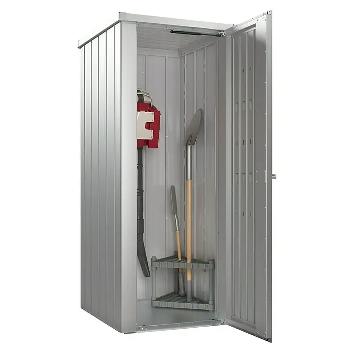 Biohort Julia Geräteschrank - Außenbreite inkl. Dachüberstand: 78 cm, Außentiefe inkl. Dachüberstand: 87 cm, Stahl, Silber Metallic - Geräumiger Geräteschrank aus Metall, ideal für die Aufbewahrung von Gartengeräten und Werkzeugen. Praktisch und platzsparend.
