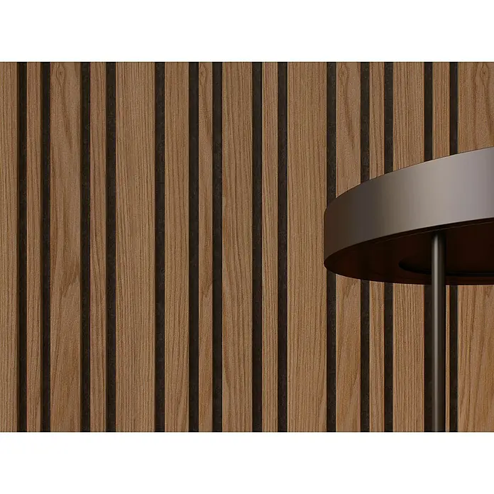 CanDo Akustikpaneel Blend - Eiche Bronze, 2.600 x 300 x 17 mm, 2 Stk. - Elegantes Tischdesign mit schlanken Metallbeinen und runder Tischplatte vor einer stilvollen Holzwand, die eine warme und moderne Atmosphäre schafft.
