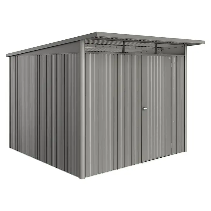 Biohort AvantGarde Gerätehaus Eco A7 - Außenmaß inkl. Dachüberstand (B x T): 260 x 300 cm, Quarzgrau Metallic, Einzeltür, Stahl - Abbildung eines grauen Gerätehauses aus Metall mit Pultdach zur Aufbewahrung von Gartengeräten und Werkzeugen im Freien.